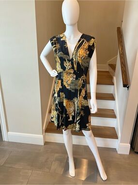 Black & Gold Tiger Print V-Neck Women's Dress